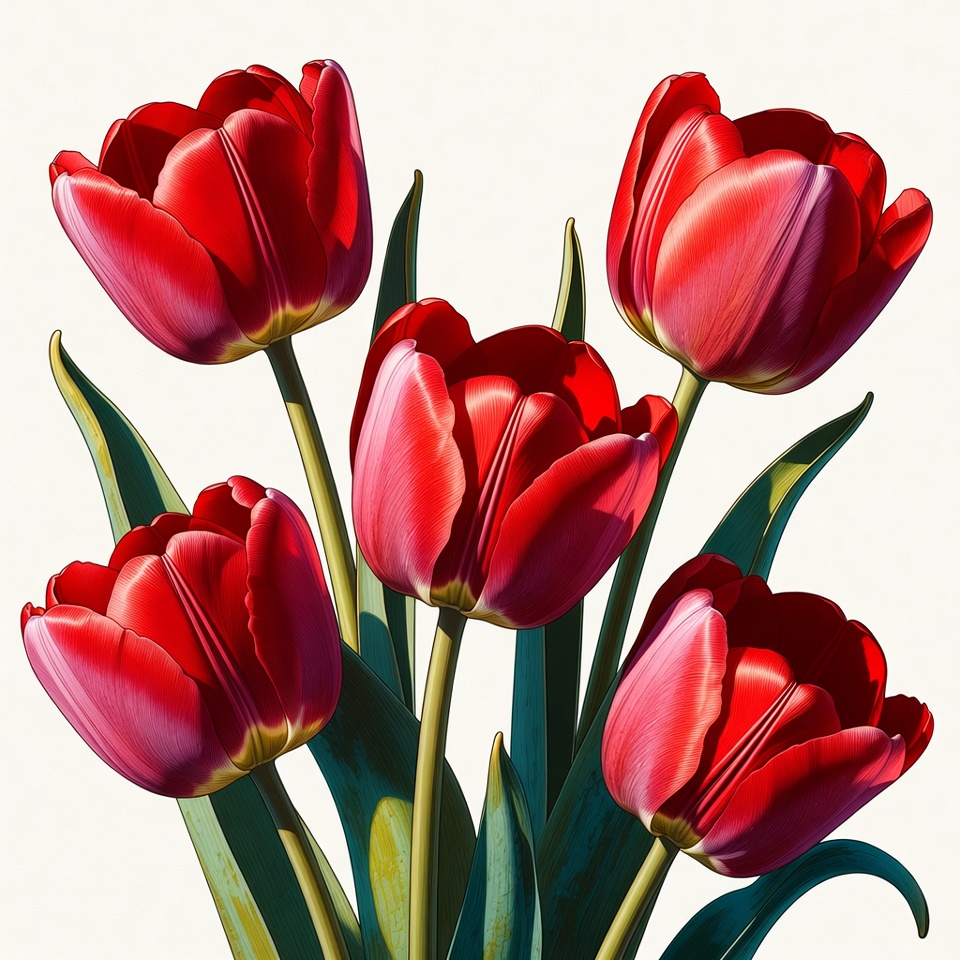 Five Red Tulips with Green Leaves Five Red Tulips with Green Leaves