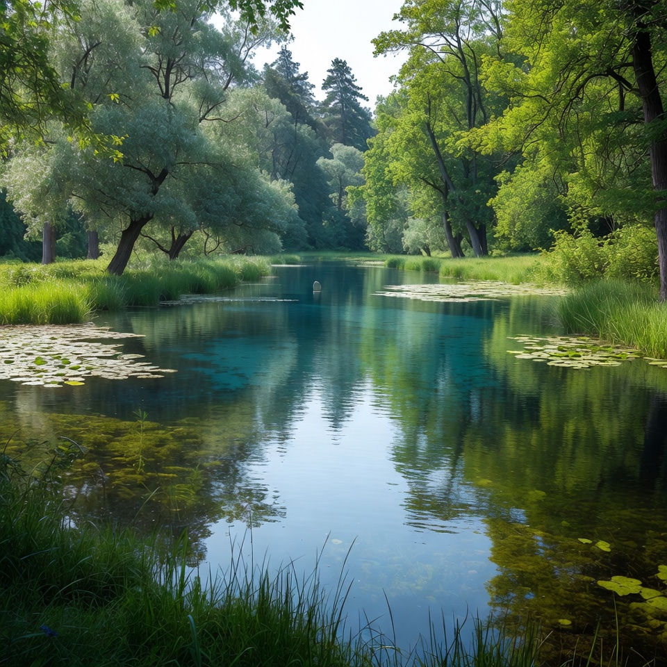 Serene Forest Lake with Lily Pads Serene Forest Lake with Lily Pads