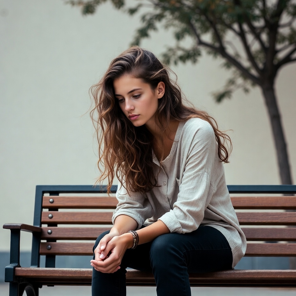 Woman sitting pensively on park bench Woman sitting pensively on park bench