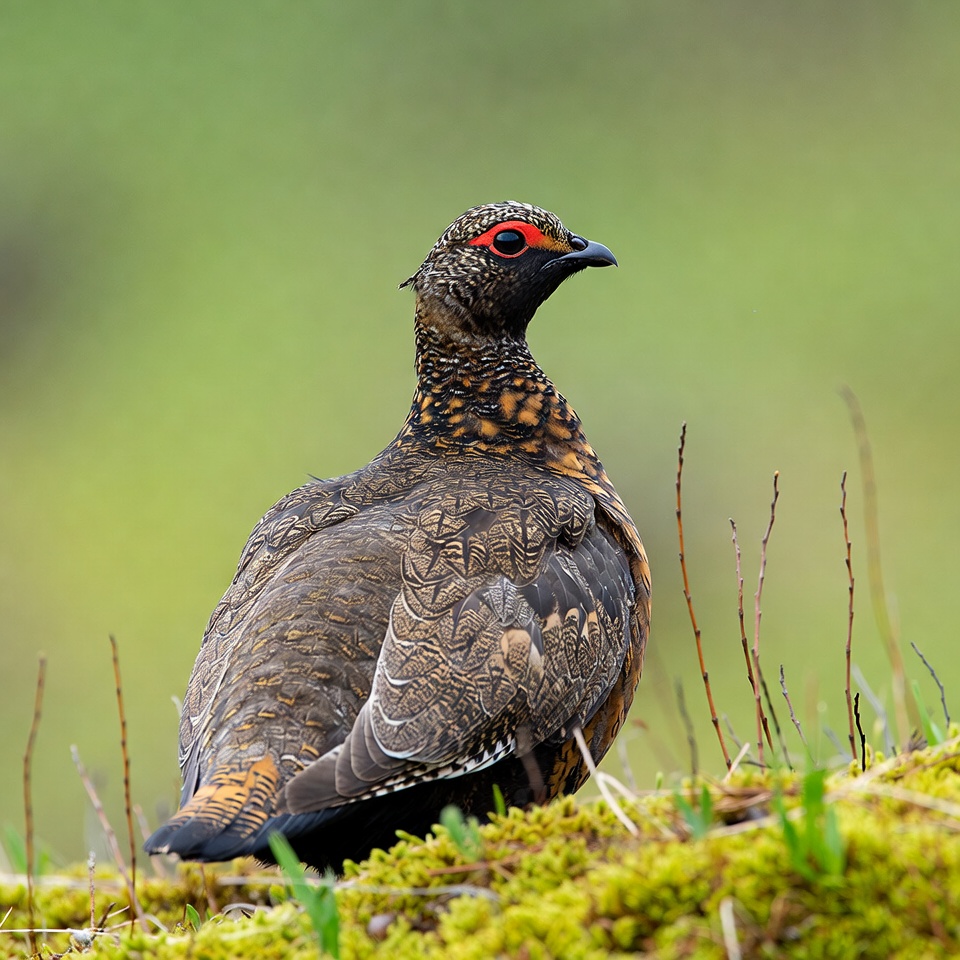 Ptarmigan bird on green moss Ptarmigan bird on green moss