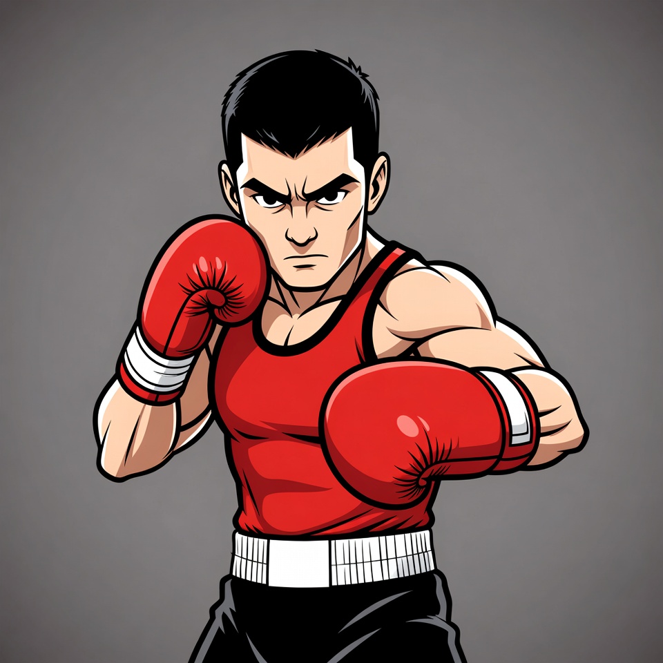 Muscular Asian boxer in fighting stance Muscular Asian boxer in fighting stance