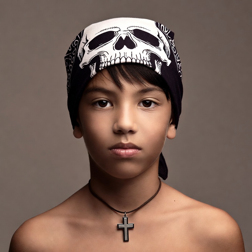 Boy wearing skull bandana necklace Boy wearing skull bandana necklace
