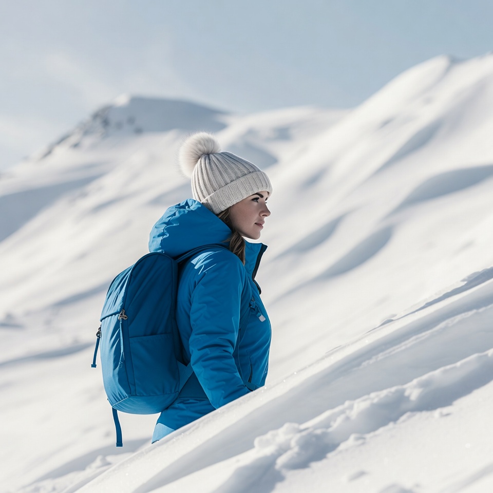 Woman hiking snowy mountains backpack Woman hiking snowy mountains backpack