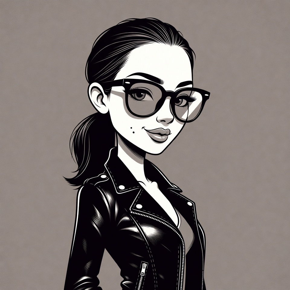 Woman in leather jacket and glasses Woman in leather jacket and glasses