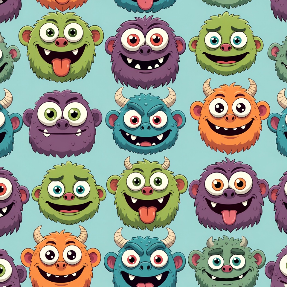 Colorful Cartoon Monster Faces Pattern Colorful Cartoon Monster Faces Pattern