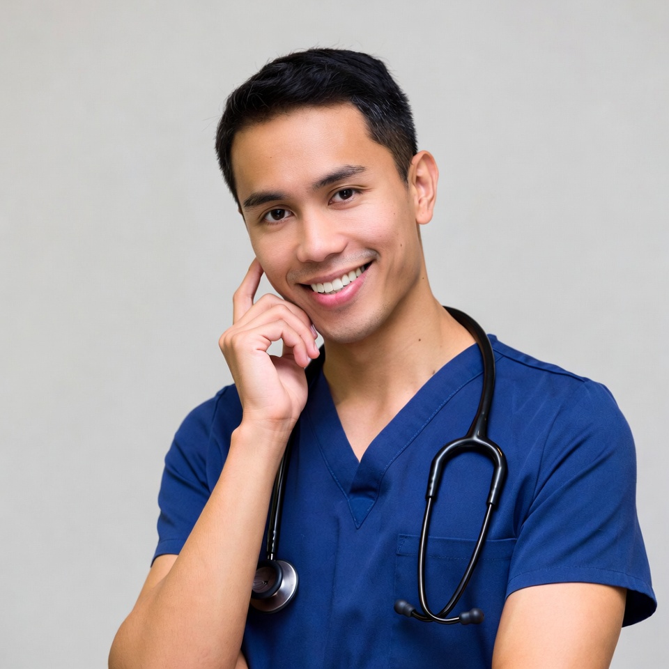 Asian male nurse smiling with stethoscope Asian male nurse smiling with stethoscope
