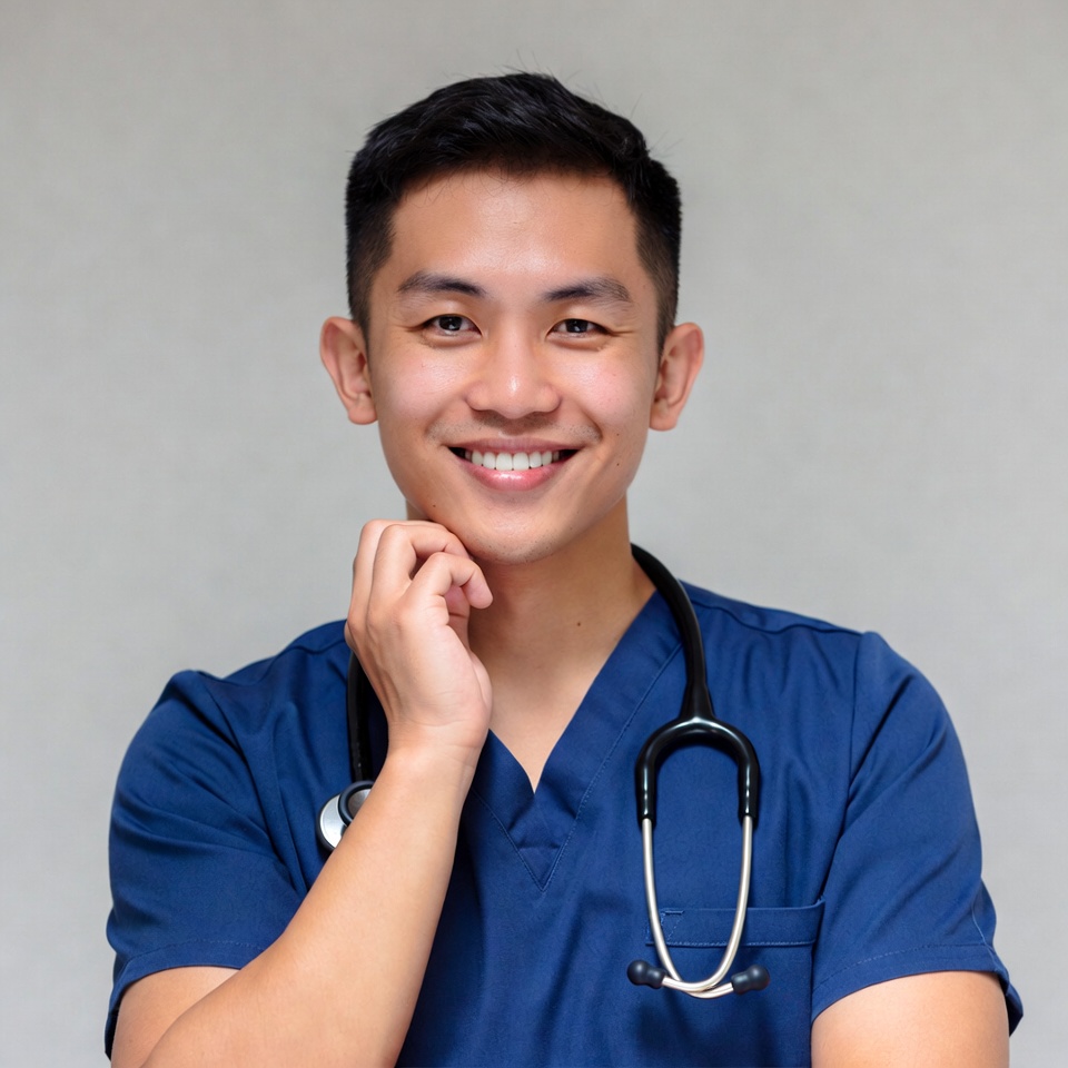 Asian male nurse smiling with stethoscope Asian male nurse smiling with stethoscope