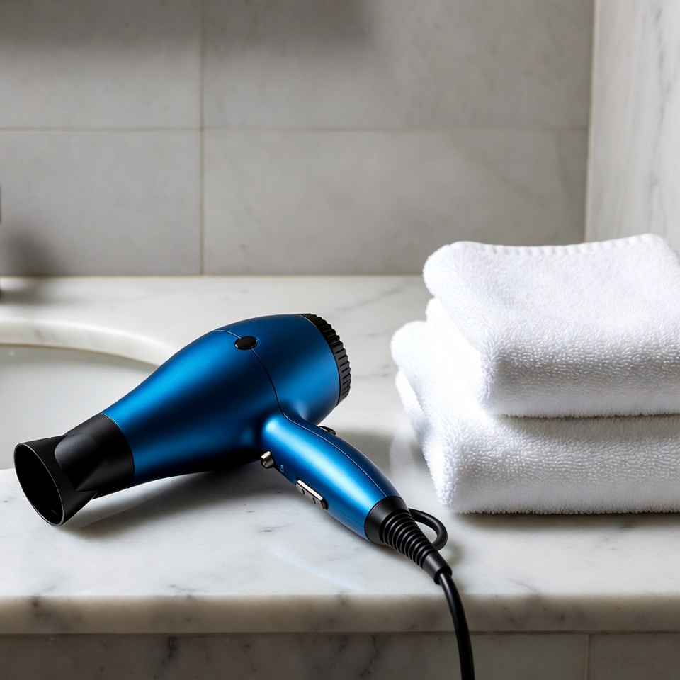 Blue hair dryer on bathroom counter Blue hair dryer on bathroom counter