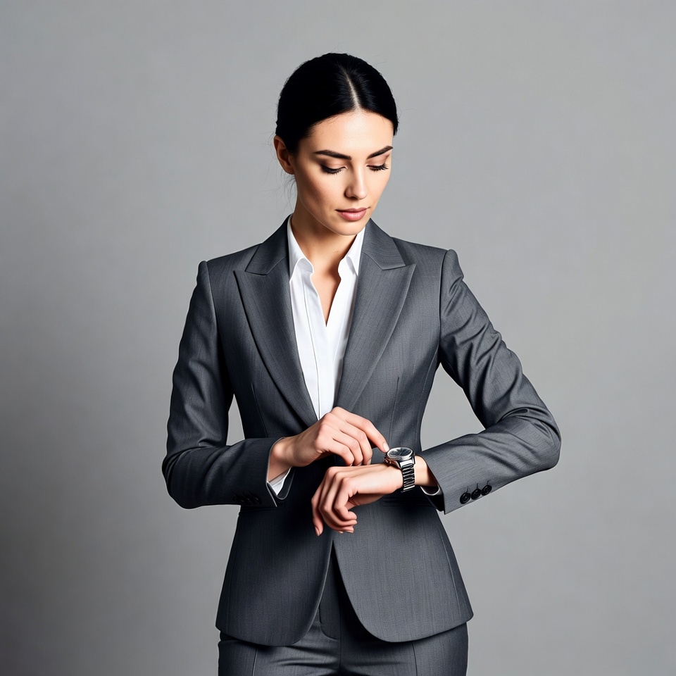 Woman checking watch in suit Woman checking watch in suit