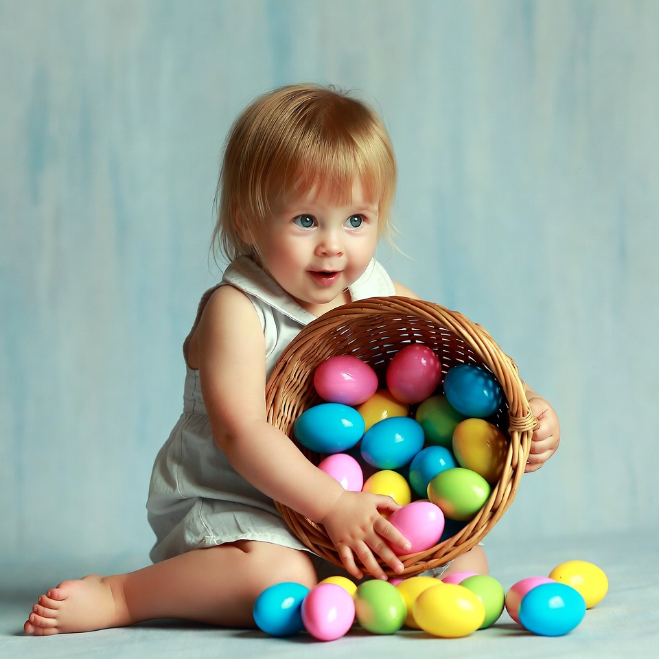 Blonde baby girl holding Easter basket Blonde baby girl holding Easter basket