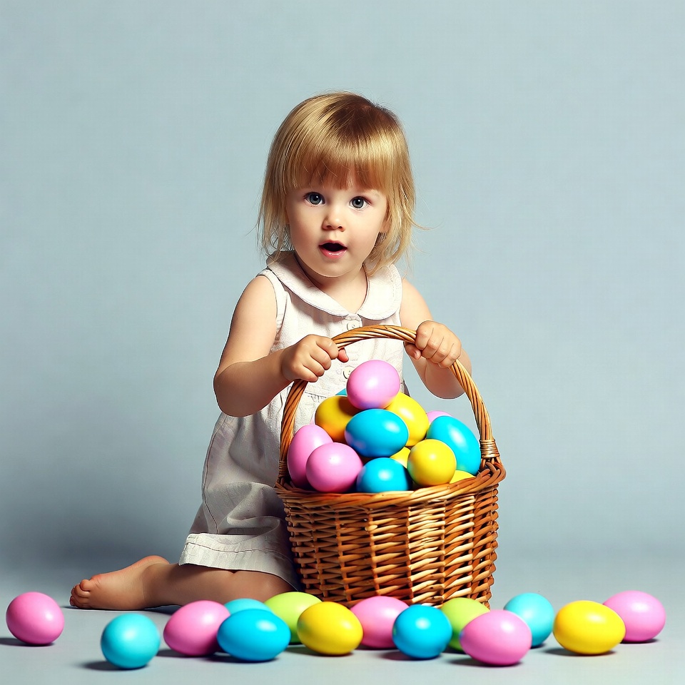 Blonde toddler girl with Easter eggs Blonde toddler girl with Easter eggs