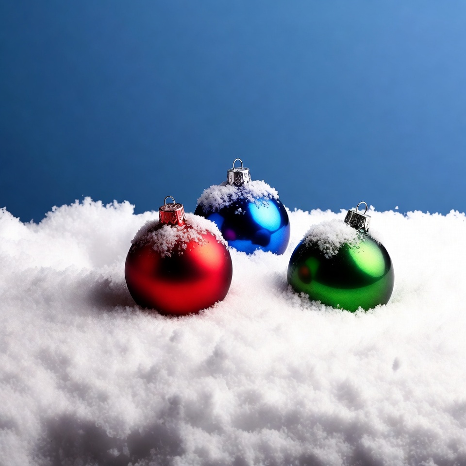 Red Blue Green Christmas Ornaments on Snow Red Blue Green Christmas Ornaments on Snow