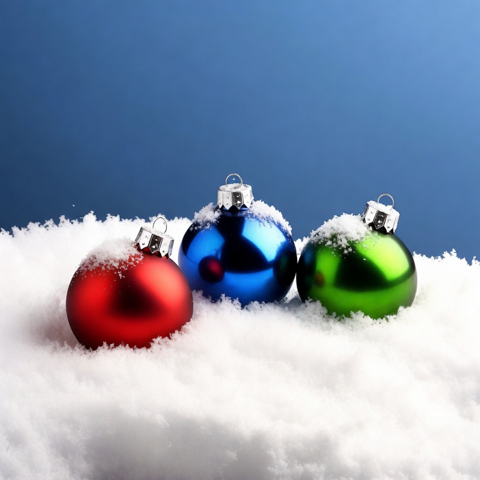 Red Blue Green Christmas Ornaments on Snow Red Blue Green Christmas Ornaments on Snow
