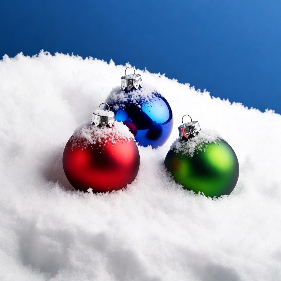 Red Blue Green Christmas Ornaments on Snow Red Blue Green Christmas Ornaments on Snow