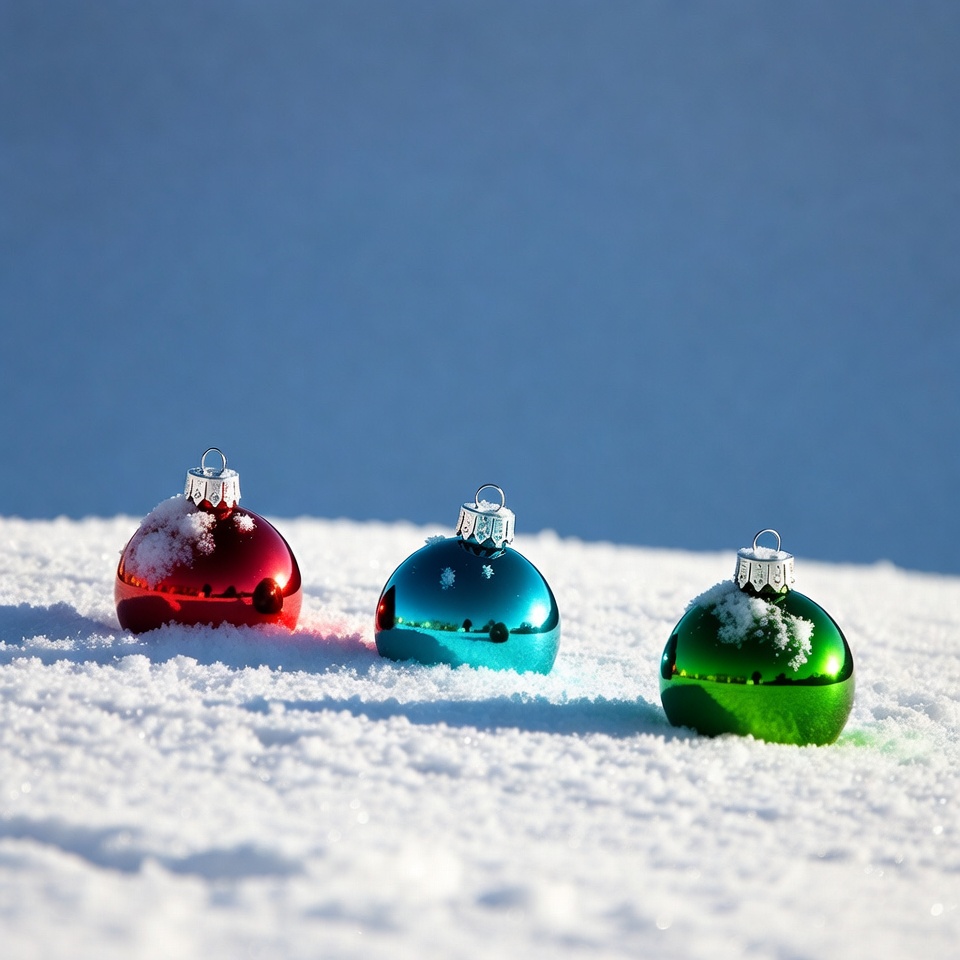 Red Blue Green Christmas Ornaments in Snow Red Blue Green Christmas Ornaments in Snow