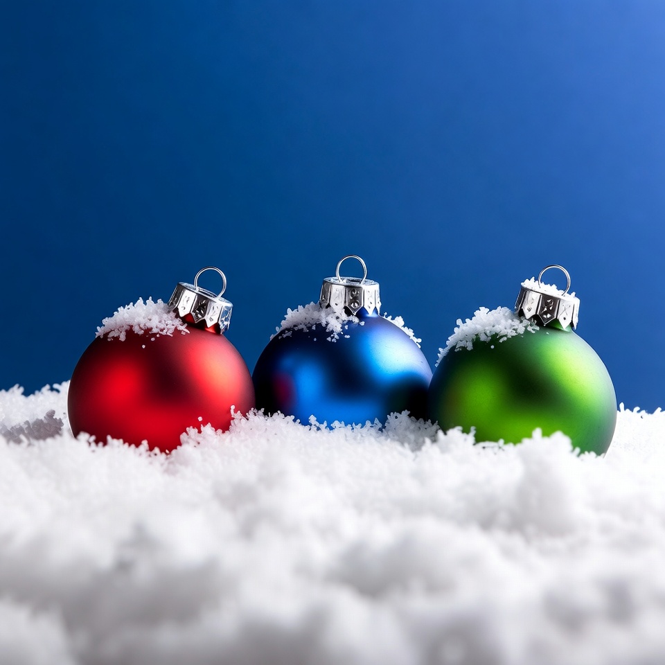 Red Blue Green Christmas Ornaments on Snow Red Blue Green Christmas Ornaments on Snow