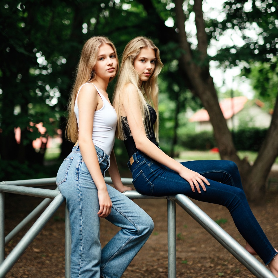 Two blonde girls sitting on railing Two blonde girls sitting on railing