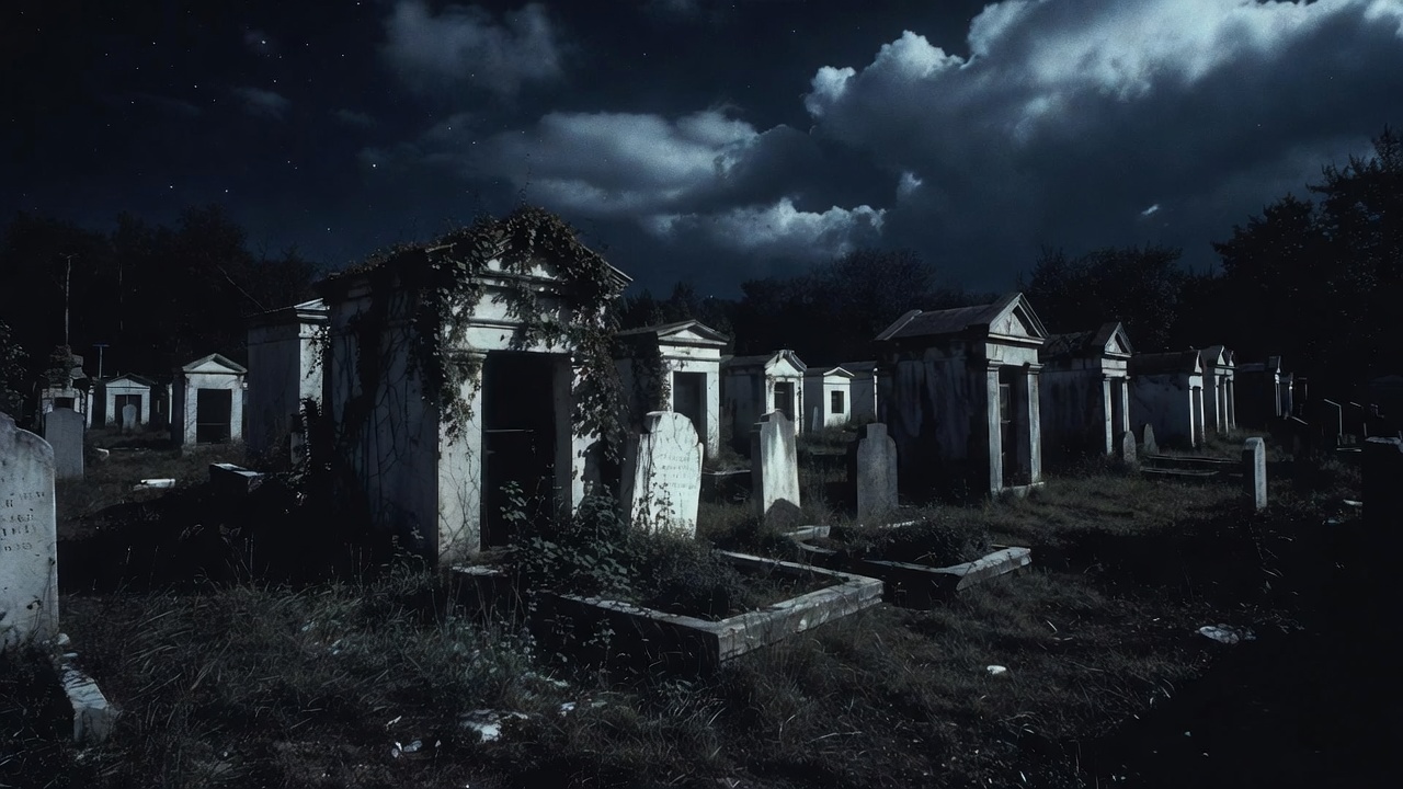 Eerie Nighttime Cemetery with Tombs Eerie Nighttime Cemetery with Tombs