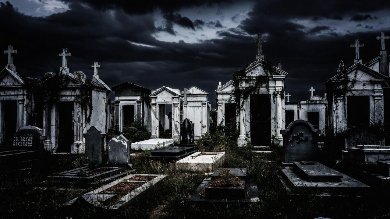 Spooky Cemetery with Tombs and Crosses Spooky Cemetery with Tombs and Crosses