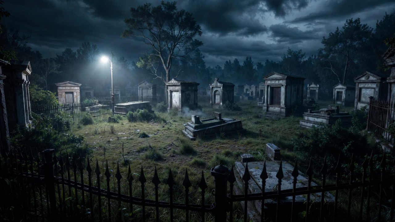 Eerie foggy graveyard at night Eerie foggy graveyard at night