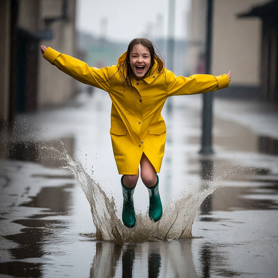 Girl jumping in rain puddles Girl jumping in rain puddles