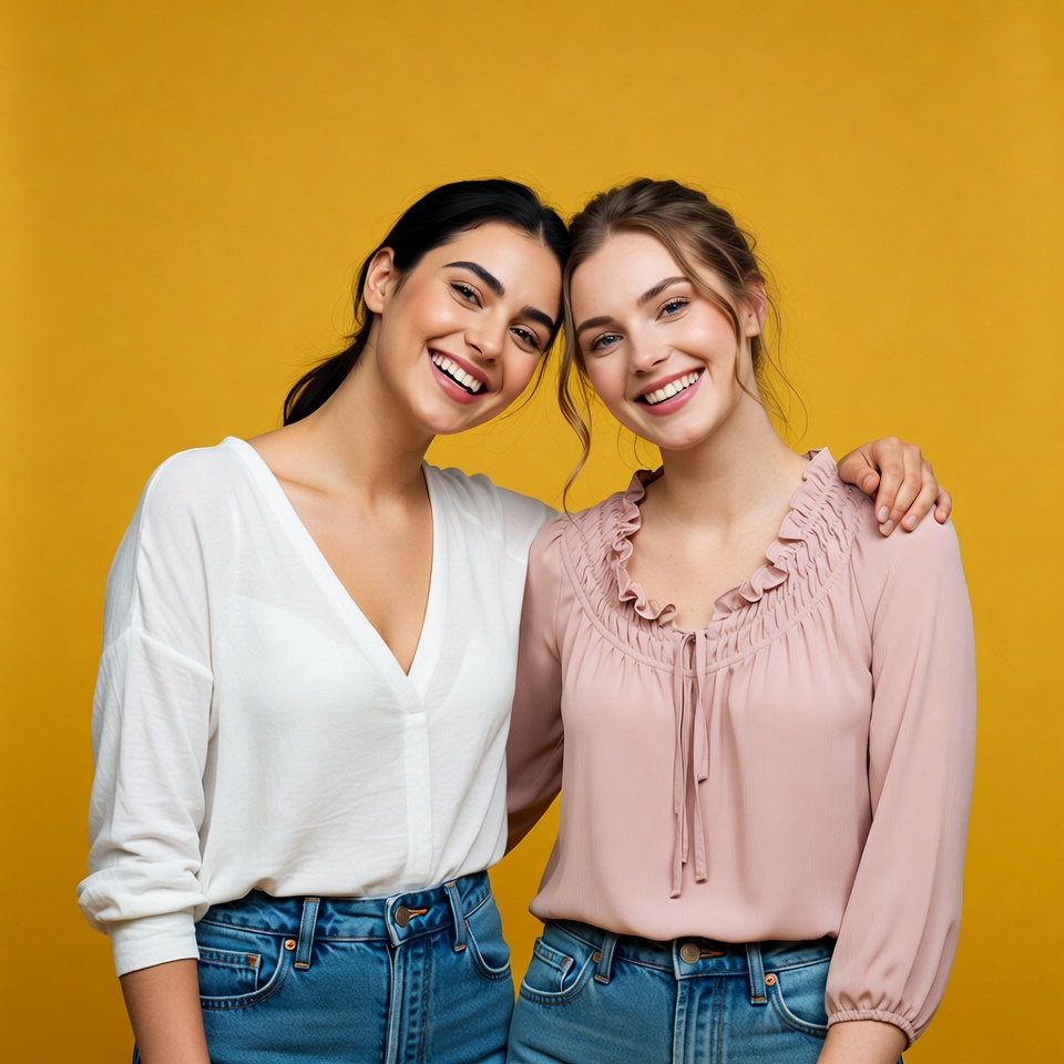 Two smiling women embracing on yellow background Two smiling women embracing on yellow background