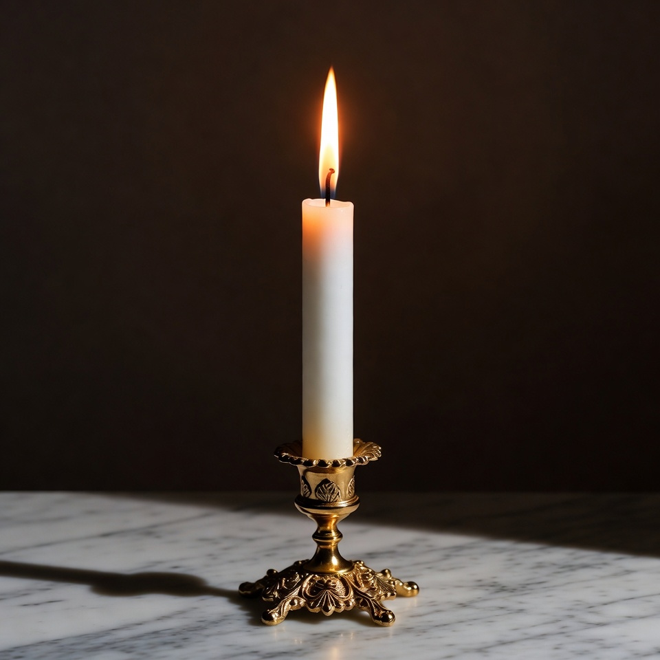 Lit Candle on Ornate Brass Candlestick Lit Candle on Ornate Brass Candlestick