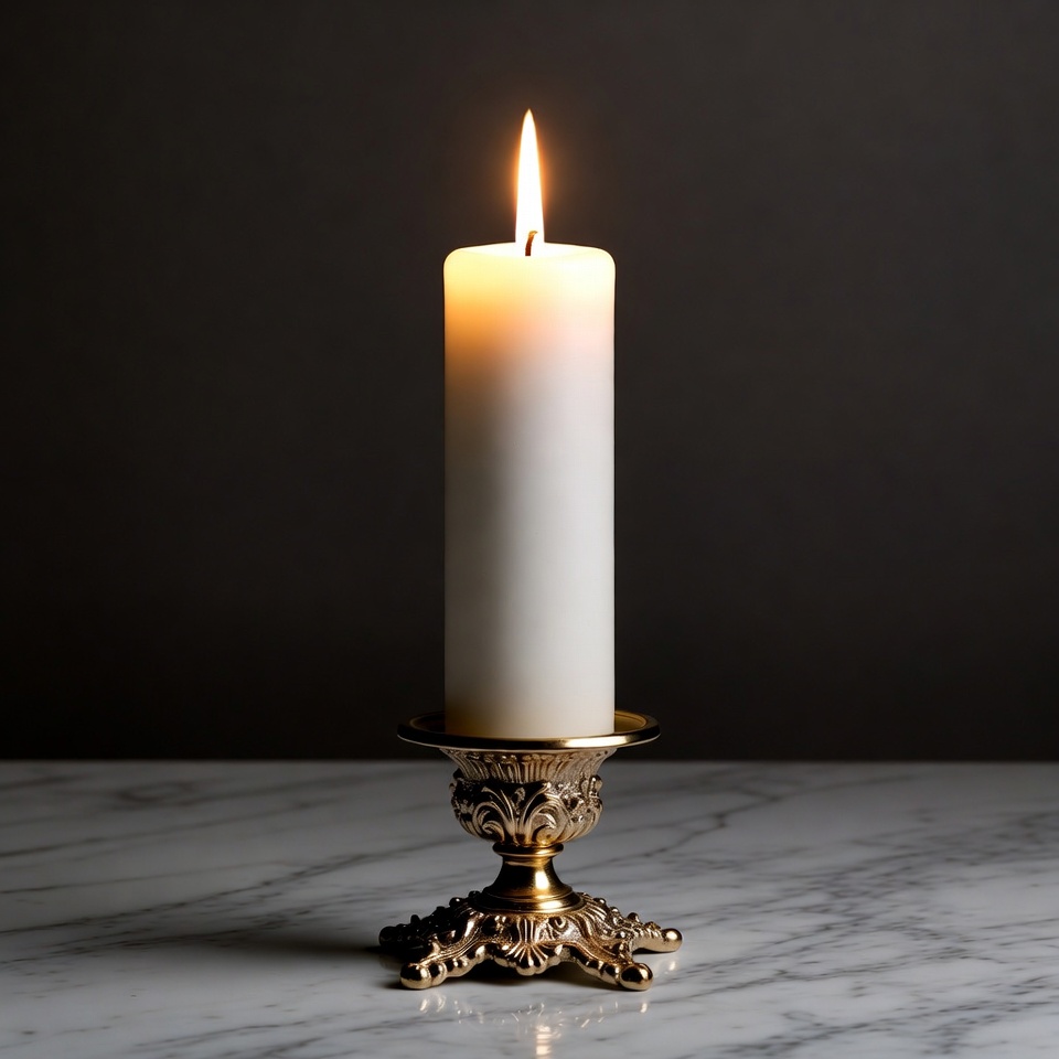 Lit White Candle on Ornate Holder Lit White Candle on Ornate Holder