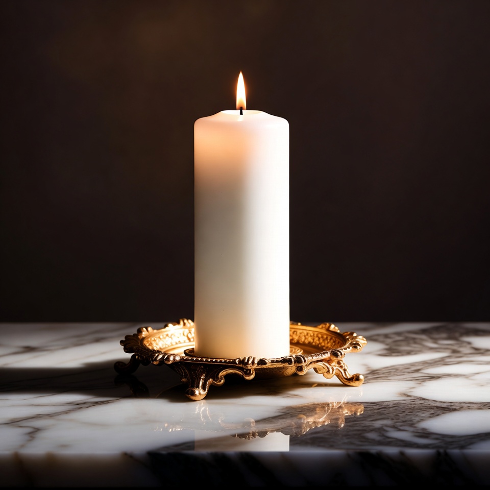 Lit White Candle on Gold Holder Lit White Candle on Gold Holder