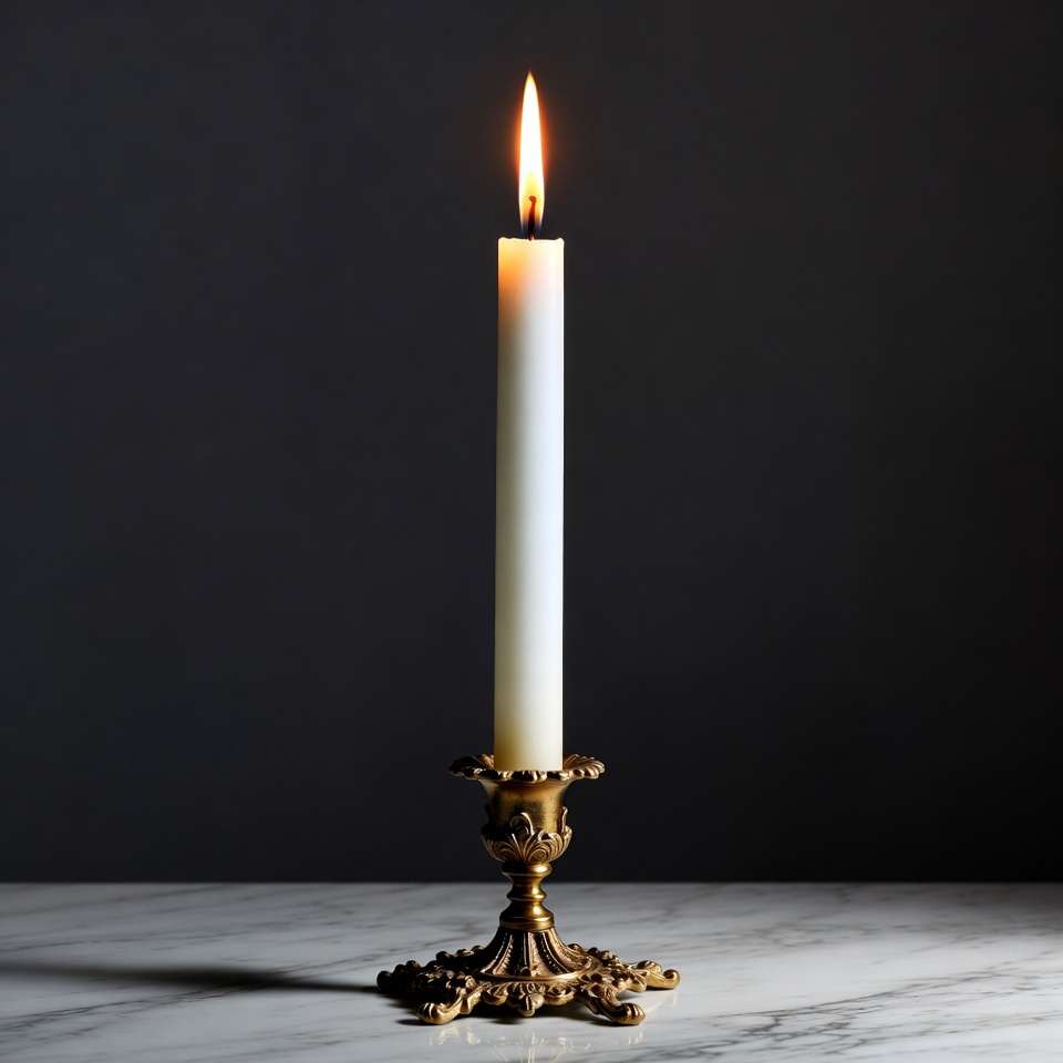 Lit Candle in Ornate Brass Holder Lit Candle in Ornate Brass Holder
