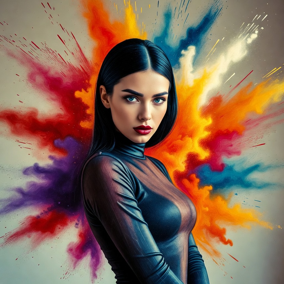 Woman with colorful paint splash background Woman with colorful paint splash background