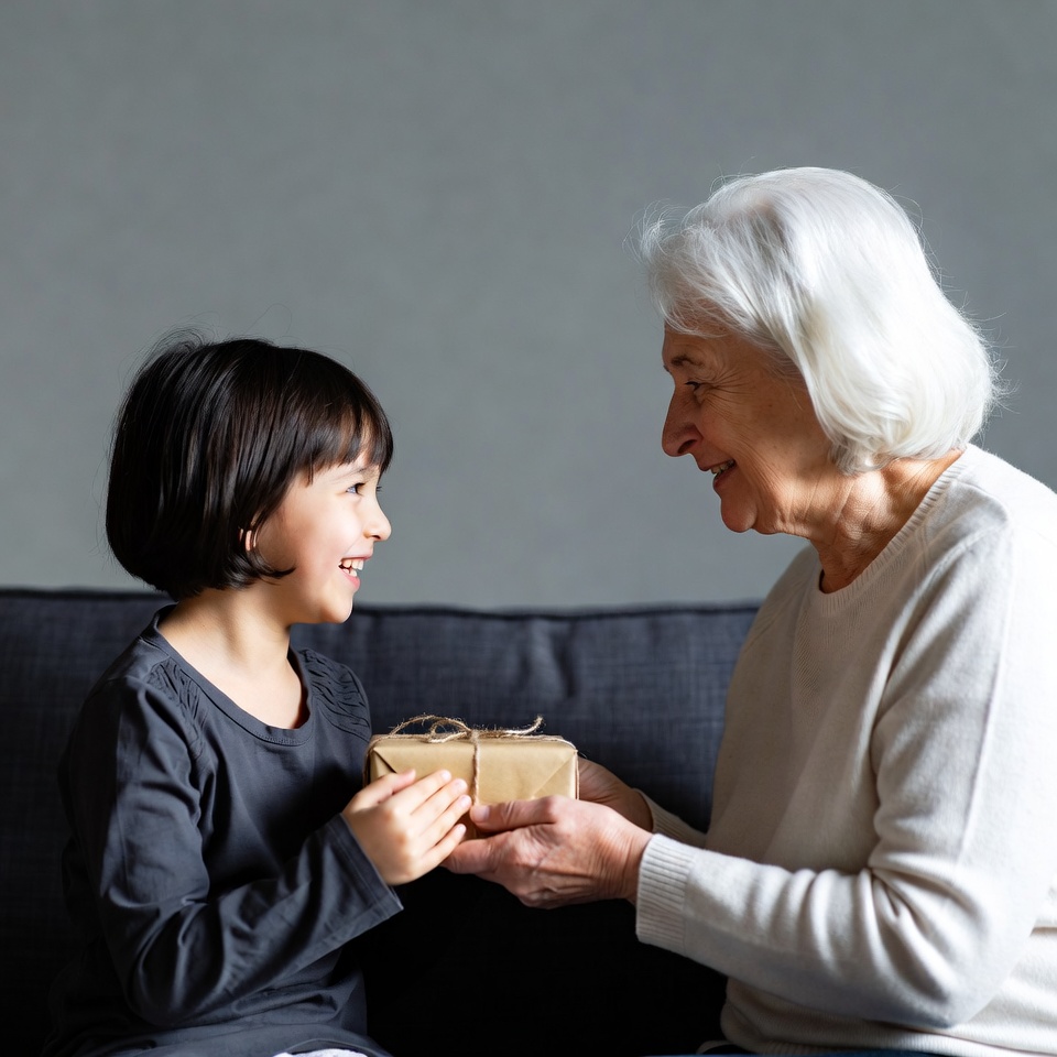 Grandmother receiving gift from boy Grandmother receiving gift from boy