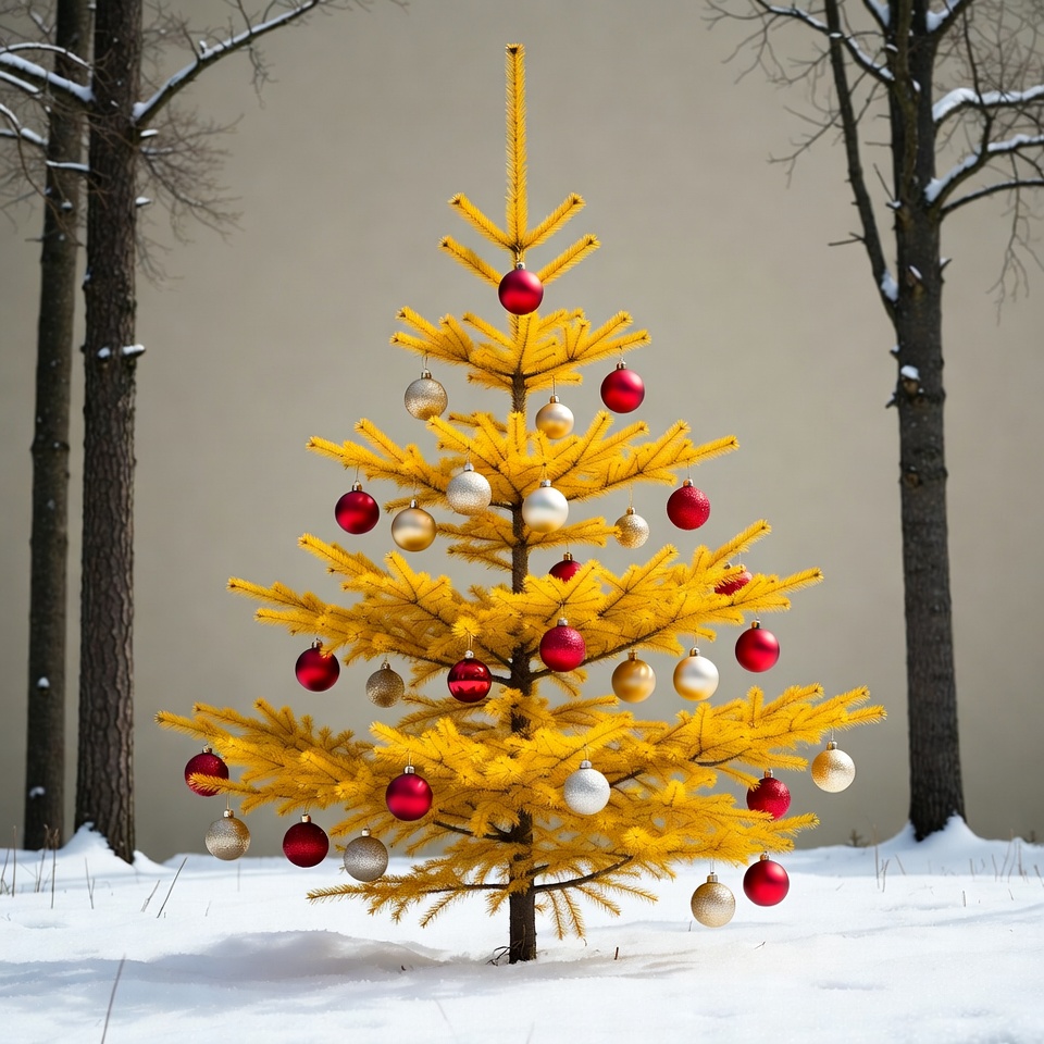 Yellow Christmas Tree with Ornaments in Snow Yellow Christmas Tree with Ornaments in Snow
