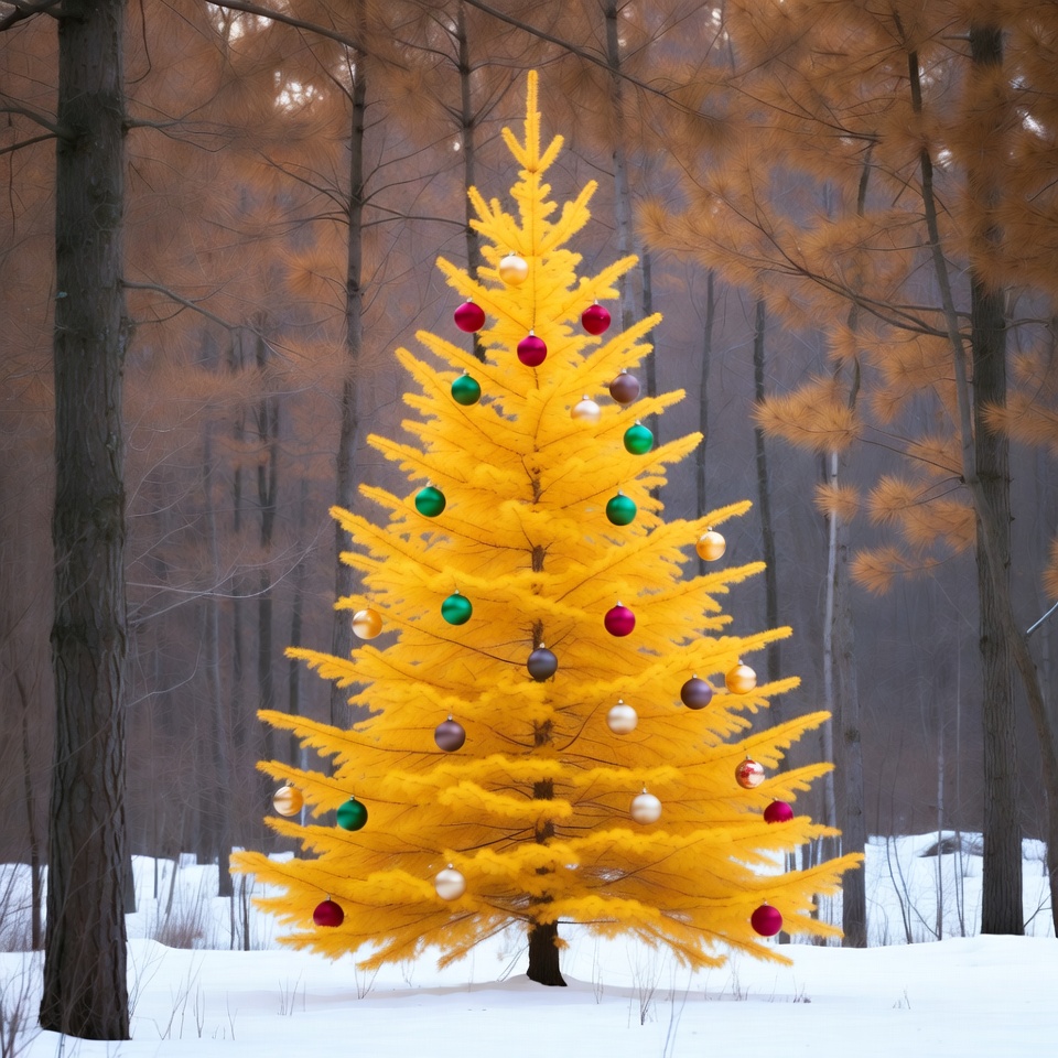 Yellow Christmas Tree in Snowy Forest Yellow Christmas Tree in Snowy Forest