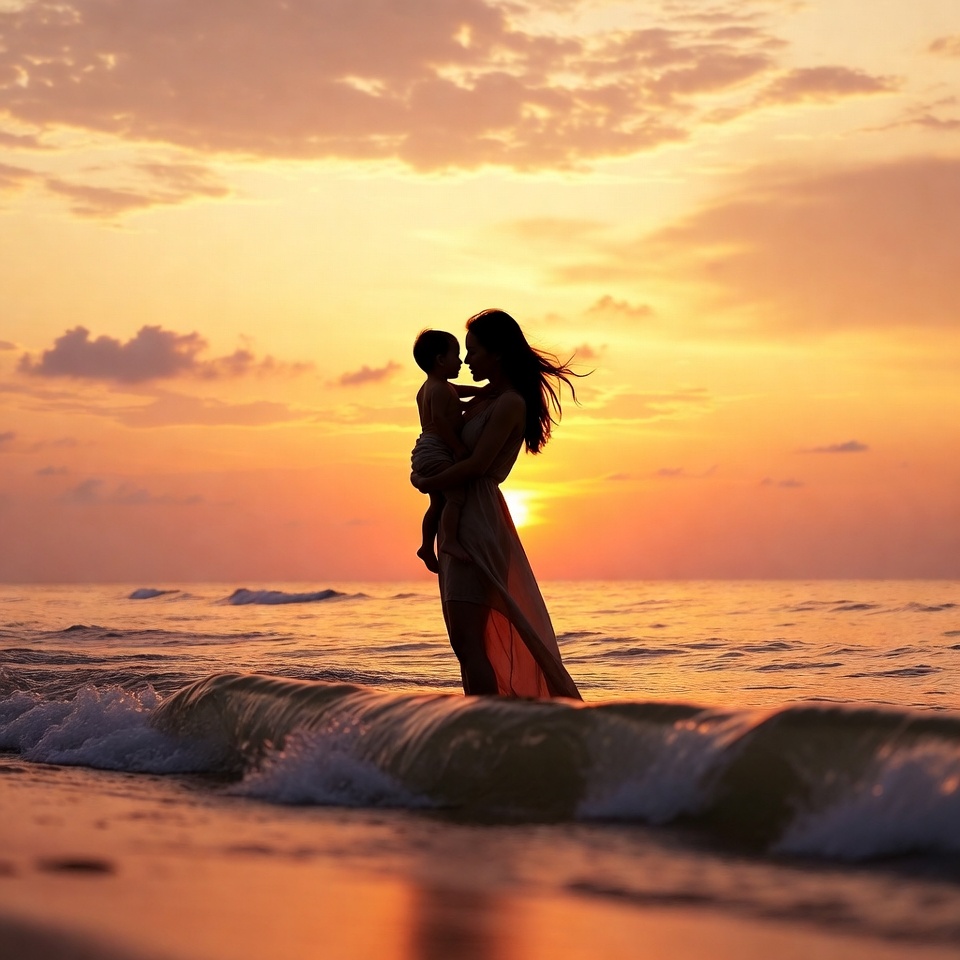 Mother Holding Child at Sunset Beach Mother Holding Child at Sunset Beach