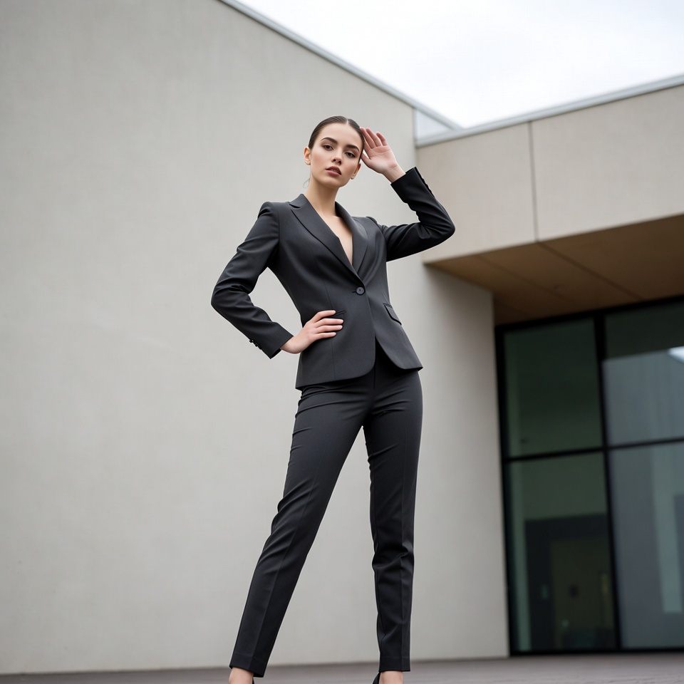 Woman posing in black suit outside Woman posing in black suit outside
