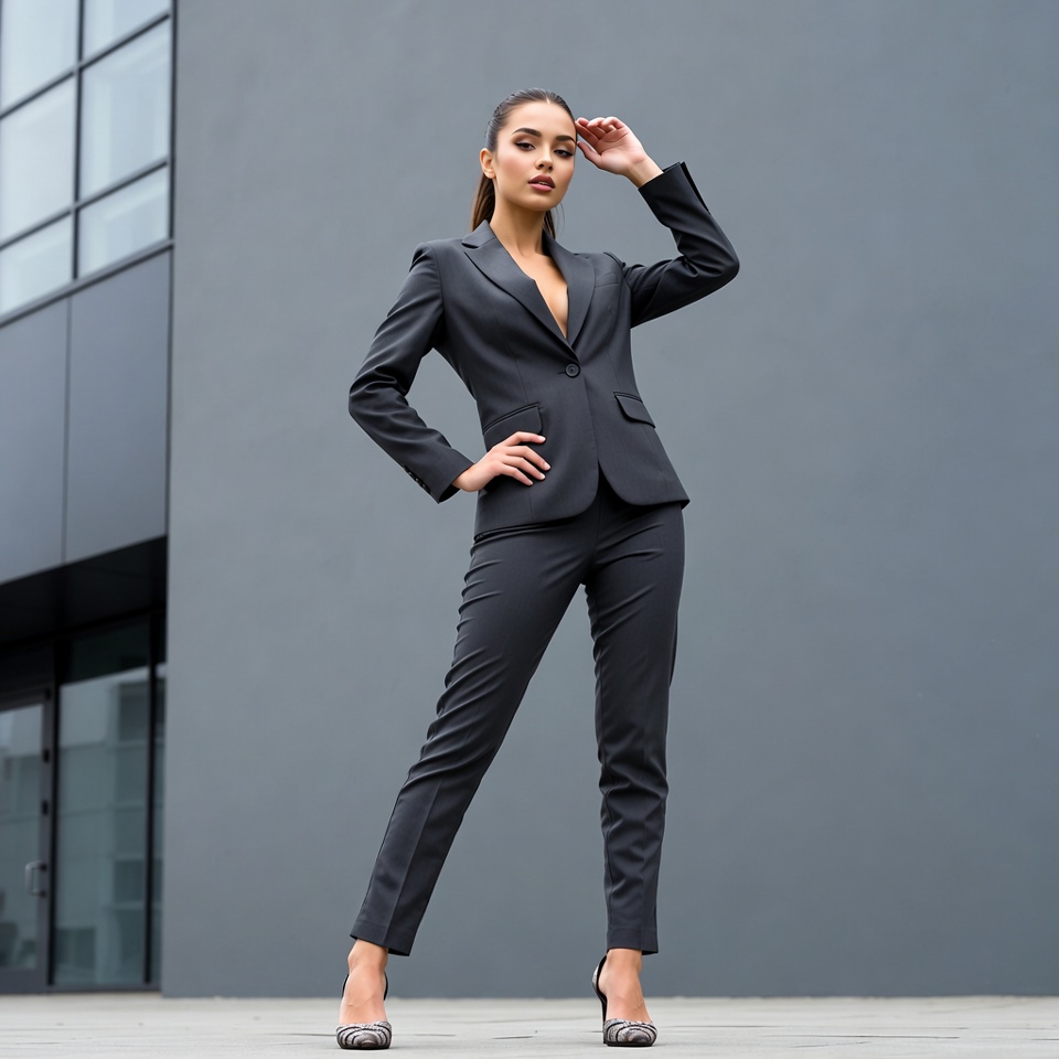 Woman in gray suit posing urban Woman in gray suit posing urban