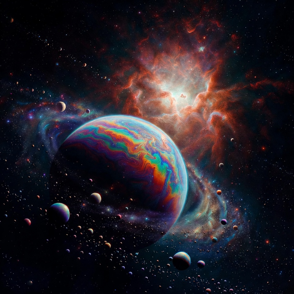 Colorful Iridescent Planet in Cosmic Nebula Colorful Iridescent Planet in Cosmic Nebula