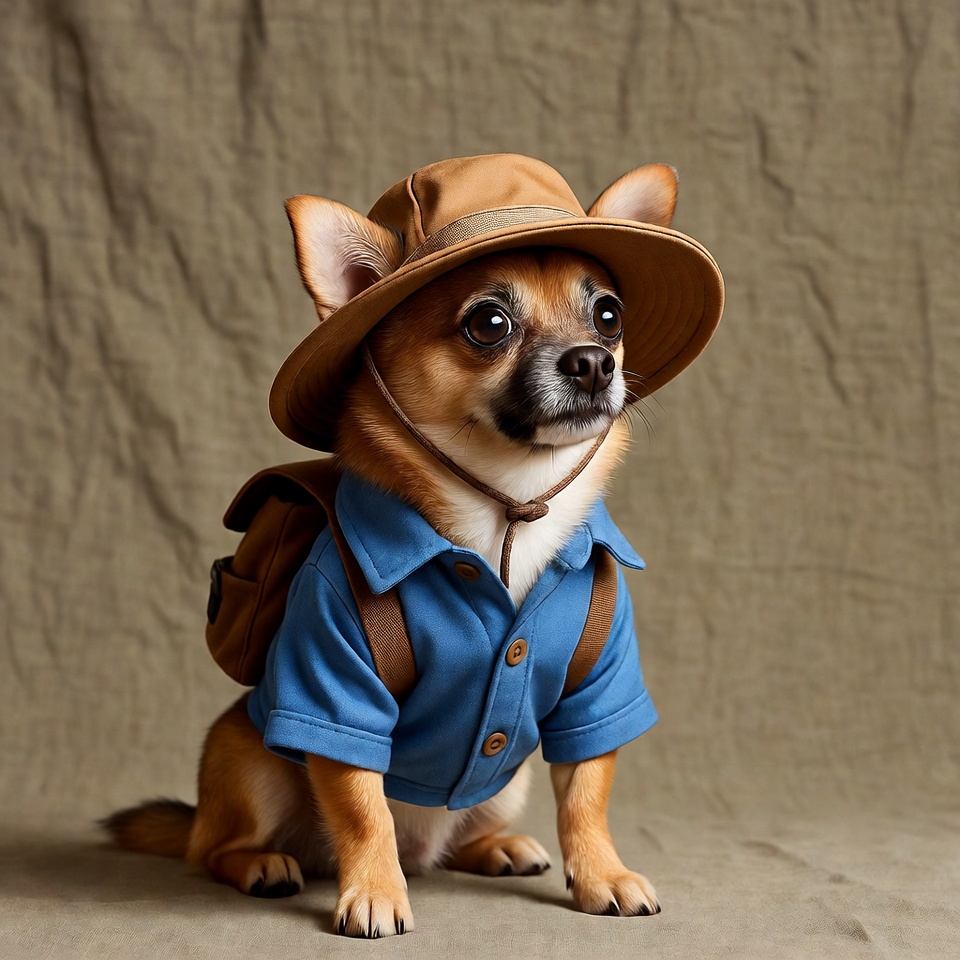 Chihuahua in explorer hat and backpack Chihuahua in explorer hat and backpack