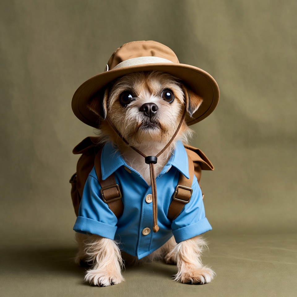 Dog explorer wearing hat and backpack Dog explorer wearing hat and backpack