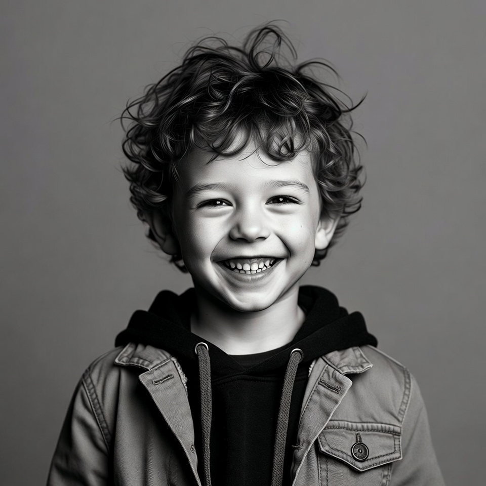 Curly-haired boy smiling happily Curly-haired boy smiling happily