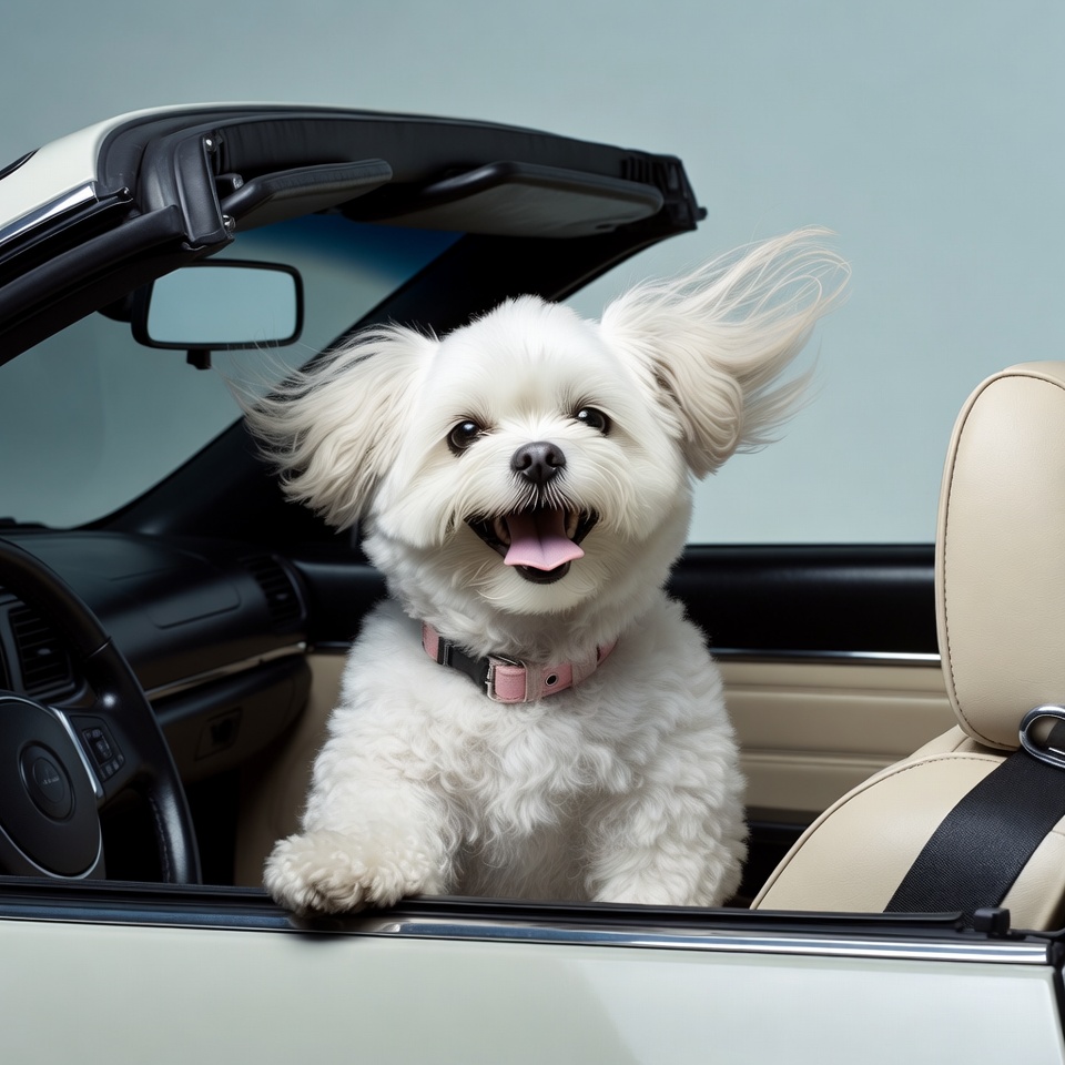 White fluffy dog driving convertible car White fluffy dog driving convertible car
