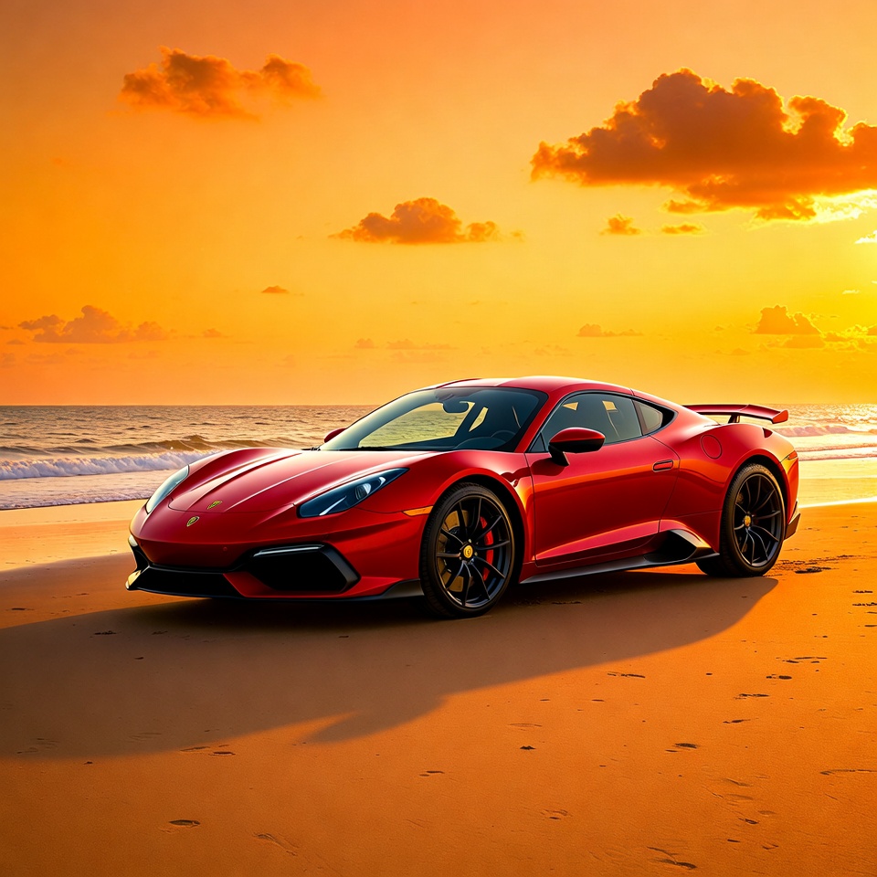 Red Supercar Parked on Beach at Sunset Red Supercar Parked on Beach at Sunset
