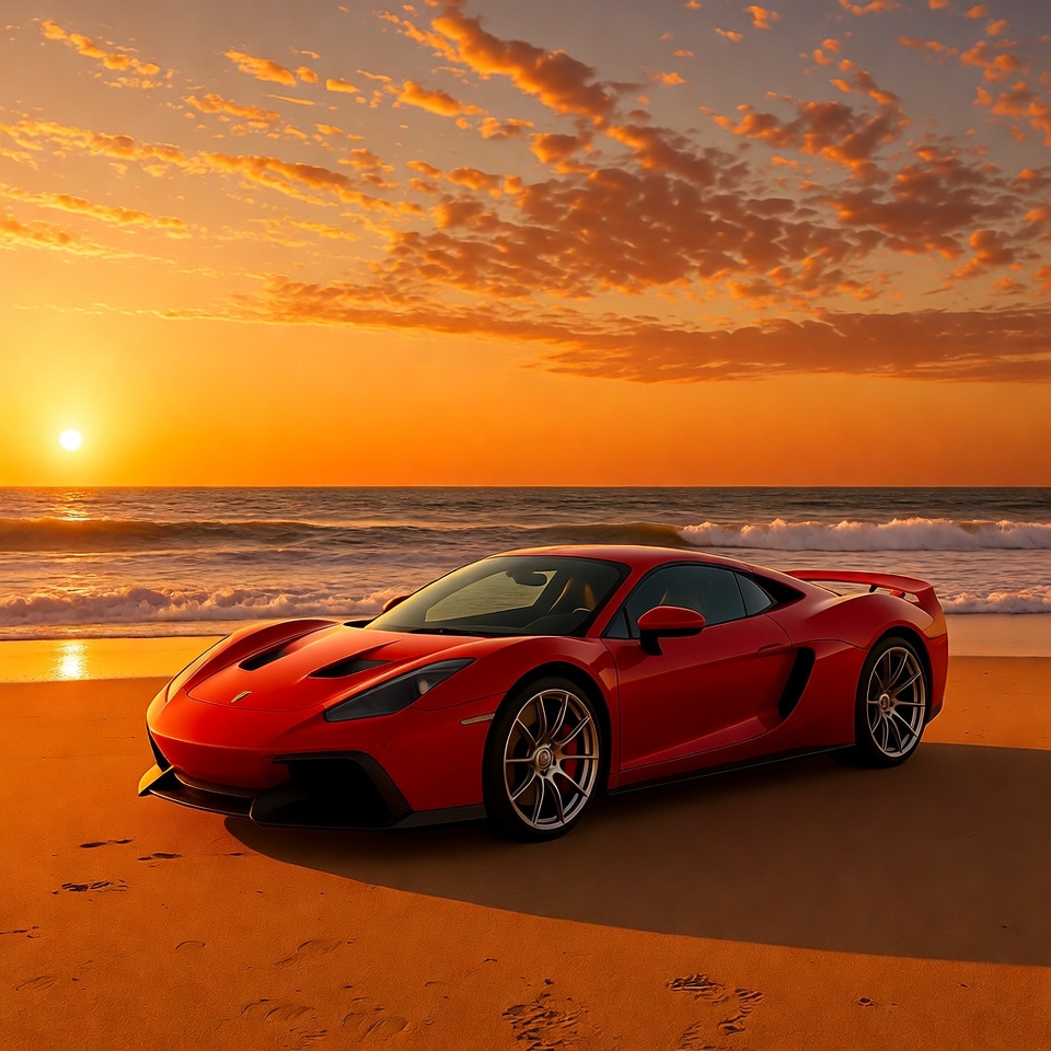 Red Supercar Parked on Beach at Sunset Red Supercar Parked on Beach at Sunset