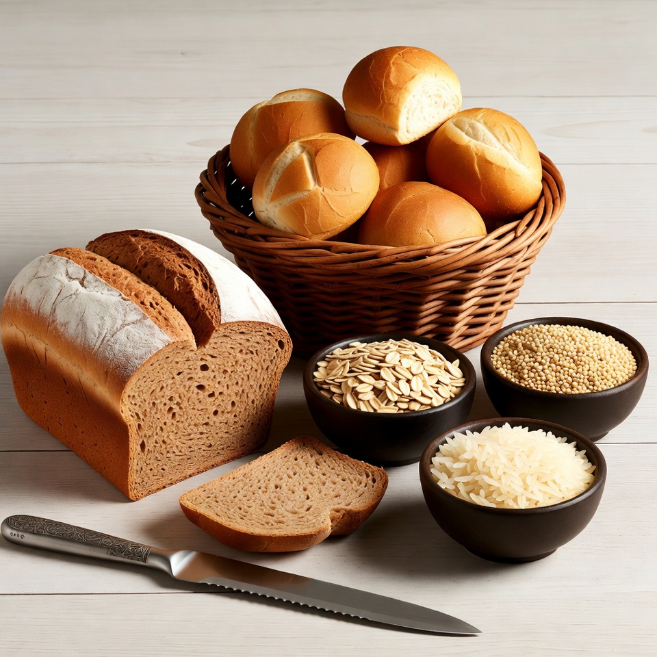 Bread Loaves Rolls Grains Wooden Table Bread Loaves Rolls Grains Wooden Table