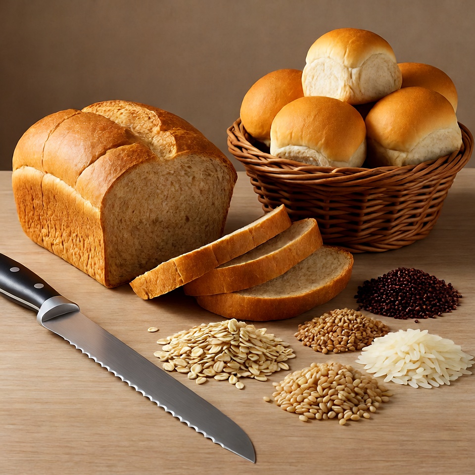Bread Loaves and Grains on Wooden Table Bread Loaves and Grains on Wooden Table