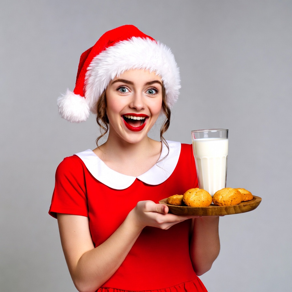 Woman in Santa hat with milk and cookies Woman in Santa hat with milk and cookies