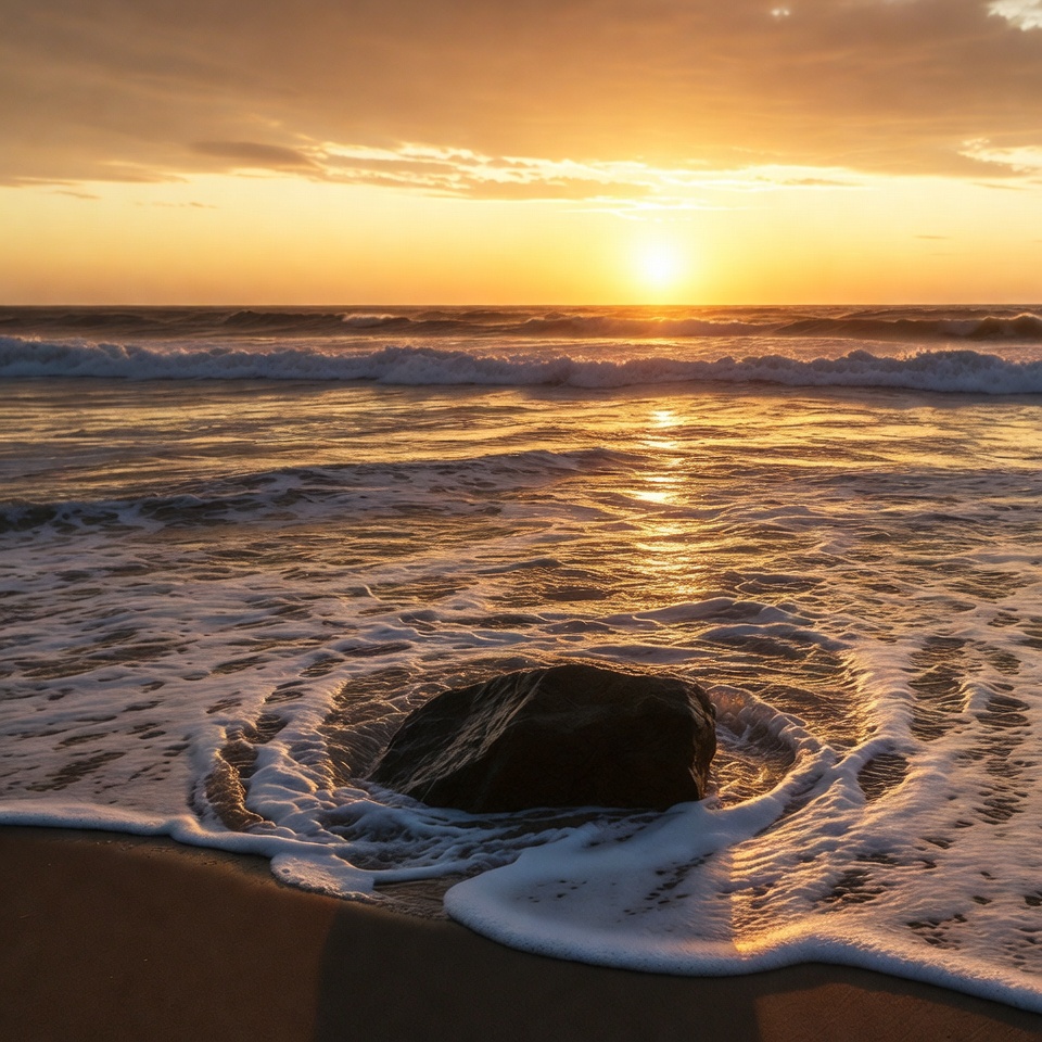 Large Rock in Ocean Waves at Sunset Large Rock in Ocean Waves at Sunset