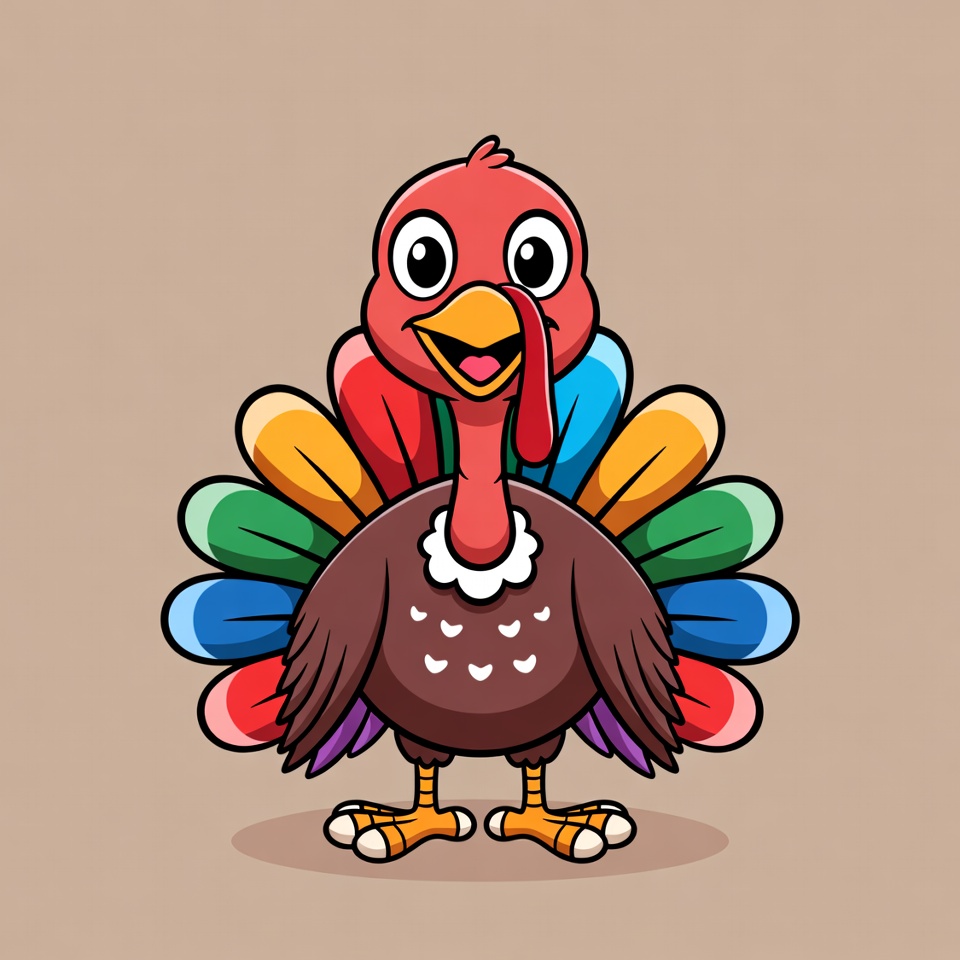 Cartoon Turkey with Rainbow Feathers Cartoon Turkey with Rainbow Feathers