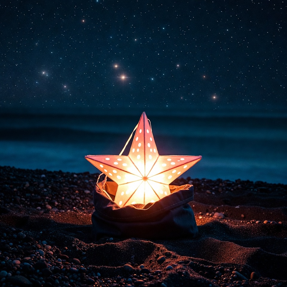 Glowing Star Lantern on Beach Glowing Star Lantern on Beach